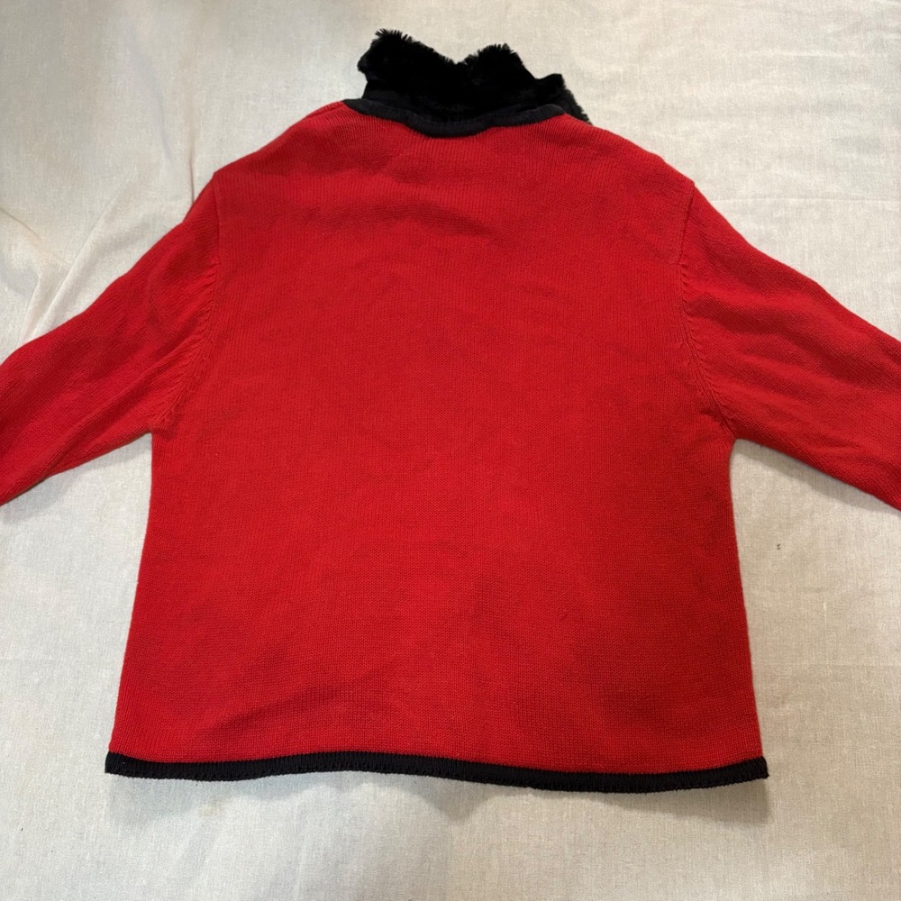 VTG Crystal Kobe‎ Red Scottish Terrier Dog Paw Print Cardigan Fur Collar size L - Picture 6 of 7